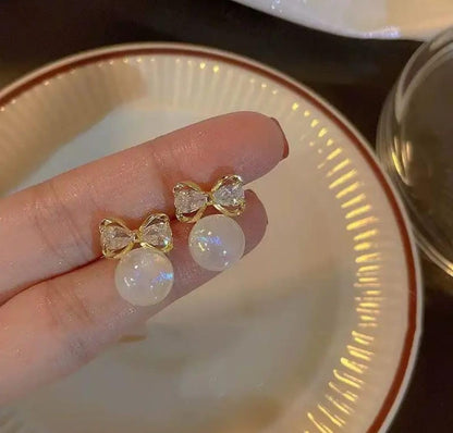 korean diamond bow pearl earring