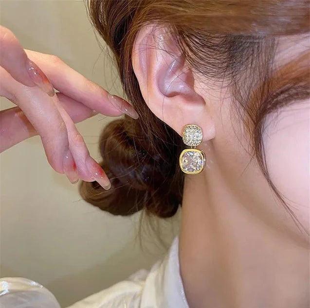 Korean Luxury Classic Geometric White Crystal Zircon Square Earrings Gold