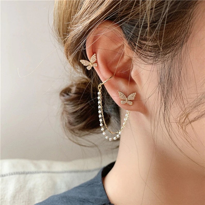 Korean Butterfly Pearl chain drop Earring