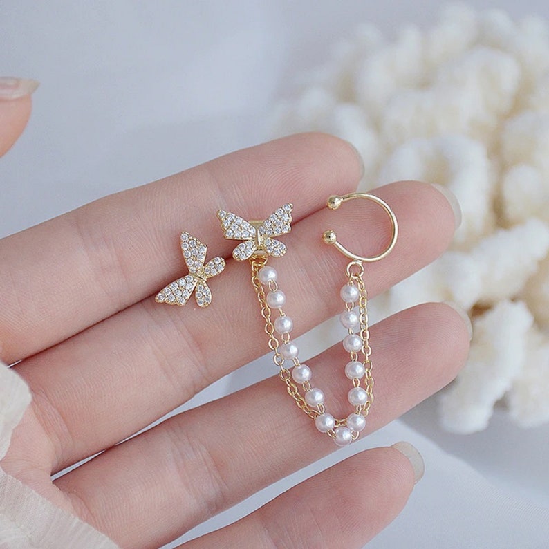 Korean Butterfly Pearl chain drop Earring