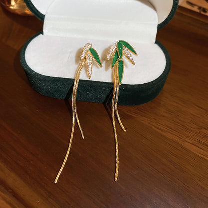 Korean Beautiful green and gold leaf drop earring3