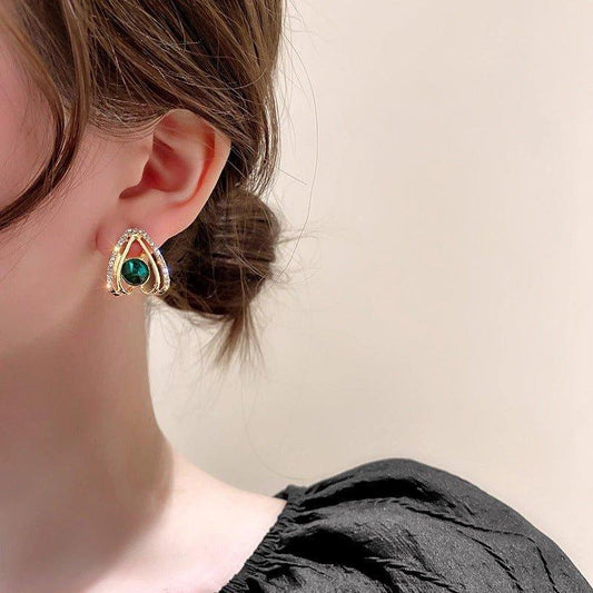Korean Luxurious Green Stone Drop Gold Earring